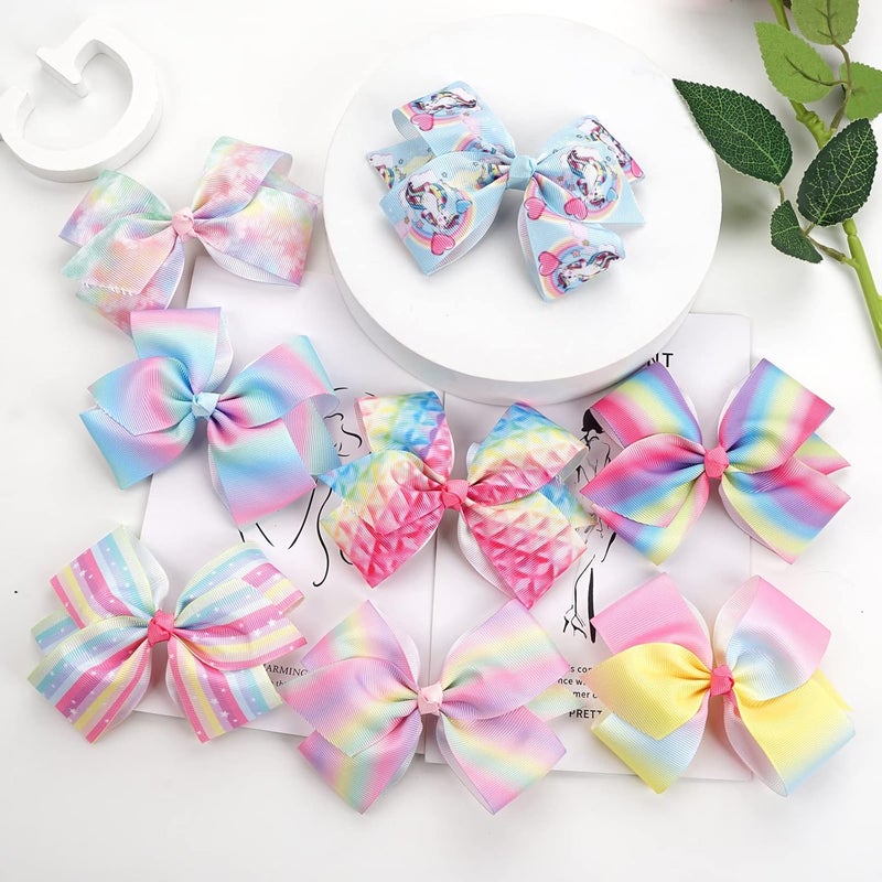 CellElection 24PCS 4.5Inch Bows for Girls Boutique Grosgrain Ribbon Rainbow Hair Bow Alligator Hair Clips Pigtail Bows Unicorn Hair Clips for Baby Girls Toddler Kids Children Teens in Pairs… - Image 2
